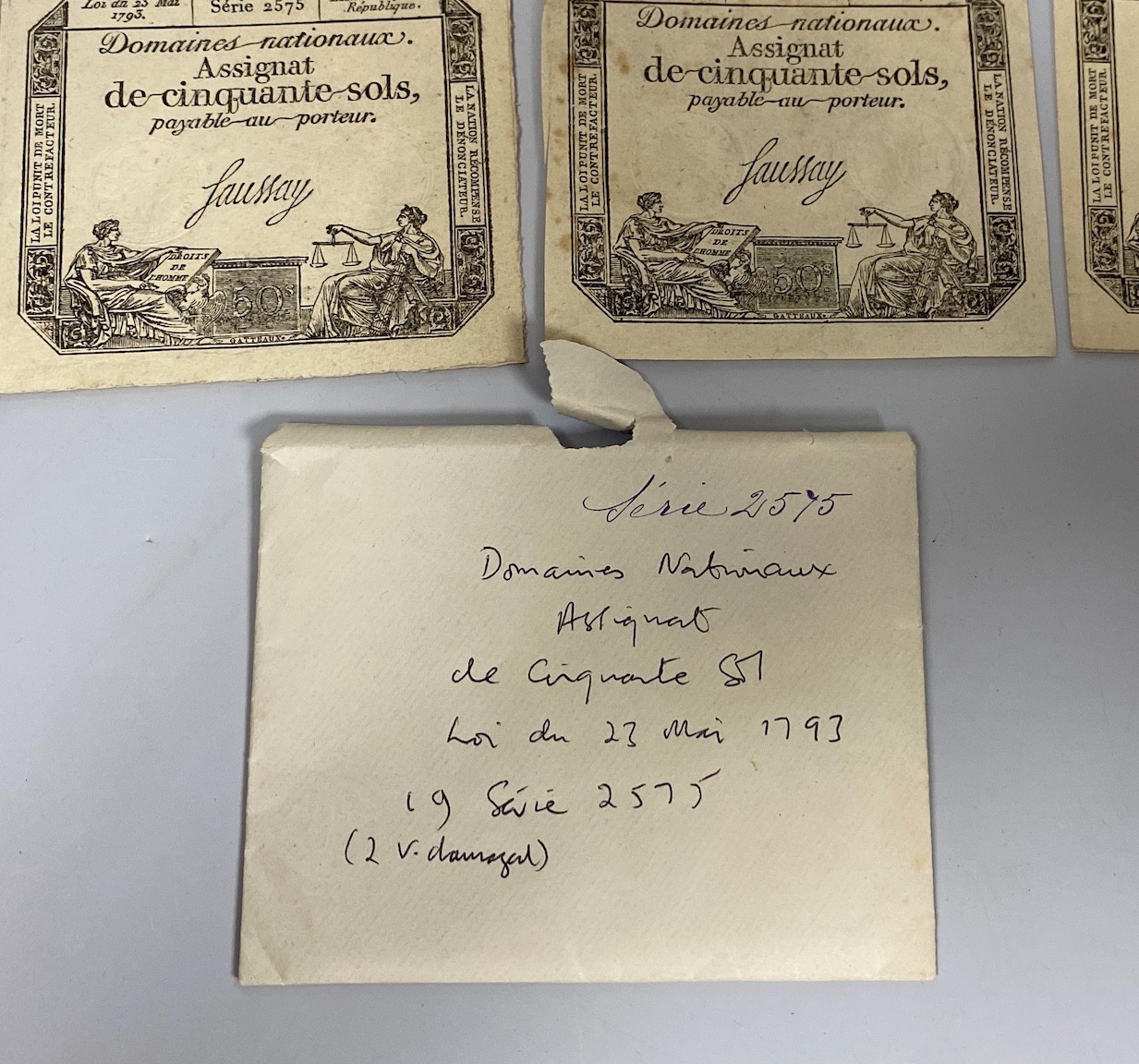 French Revolutionary banknotes, 1789 - 1796, Domaines nationaux, seventeen Assignat de cinquante sols, 50 sols, Serie 2575, Loi du 23 Mai 1793, two embossed stamps (17)
